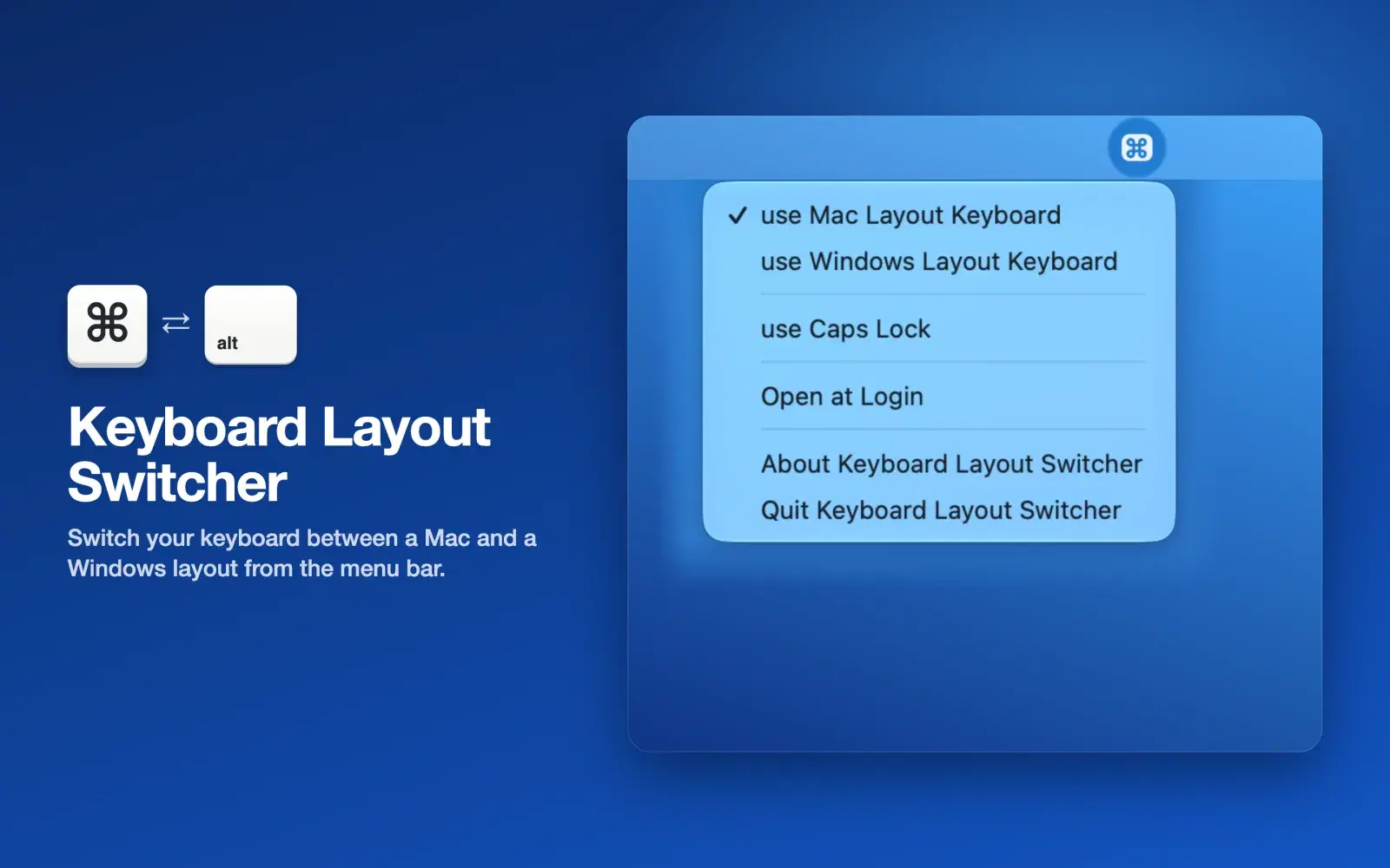 메뉴 막대의 Keyboard Layout Switcher 메뉴. use Mac Layout Keyboard 가 체크돼 있고, 메뉴 막대 아이콘에 Command 기호가 보입니다.