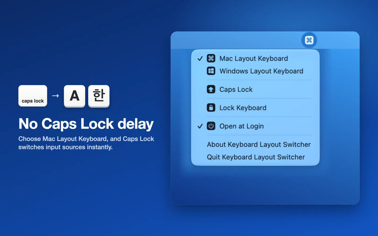No Caps Lock delay. The menu with Mac Layout Keyboard checked, and keycaps showing Caps Lock switching between A and 한.
