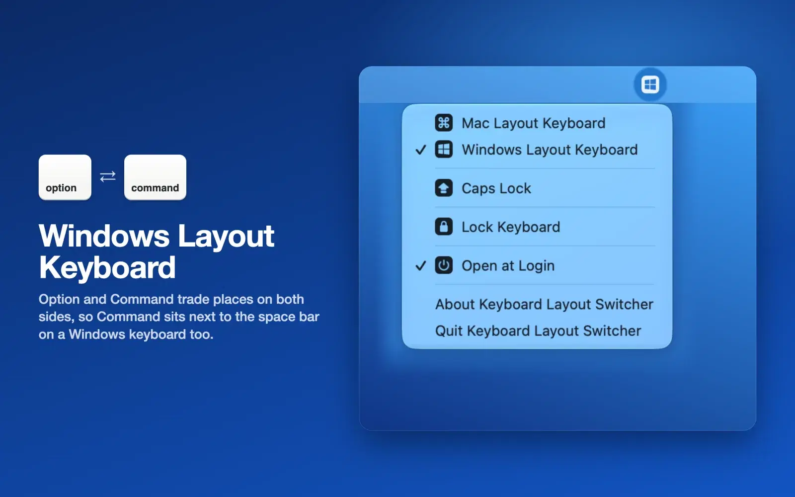 The menu with Windows Layout Keyboard checked. The option and command keycaps trade places.