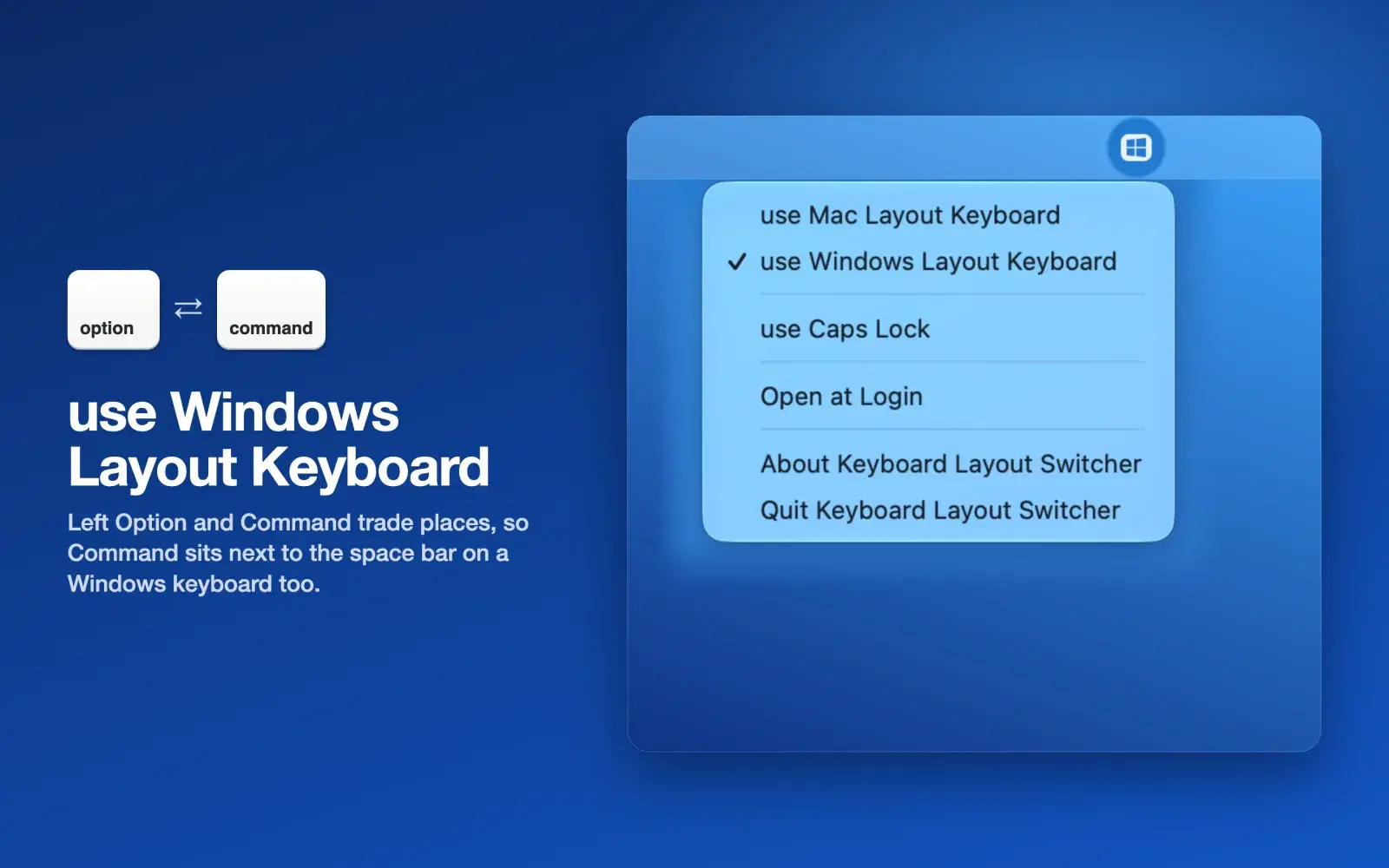 use Windows Layout Keyboard 가 체크된 메뉴. option 과 command 키캡이 자리를 바꾸는 모습.