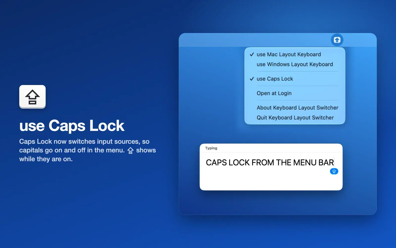 use Caps Lock 이 체크된 메뉴와 대문자로 입력된 창, 메뉴 막대의 Caps Lock 기호.