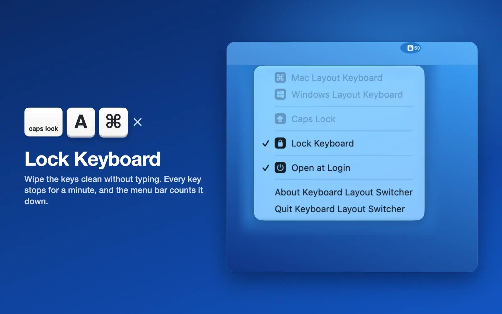 The menu with Lock Keyboard checked. The layout and Caps Lock items are dimmed, and the menu bar shows a lock and the seconds remaining.