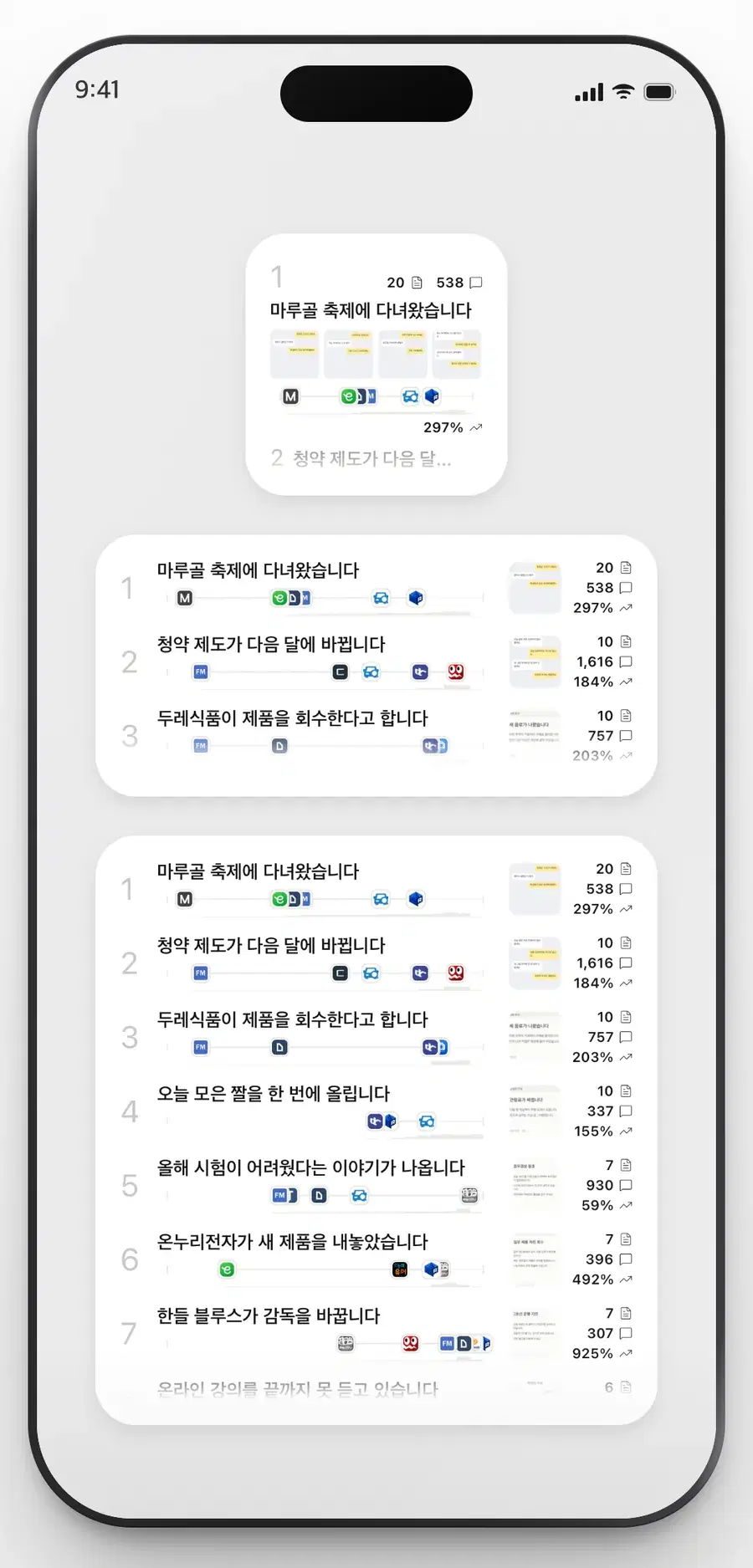 Qrend 위젯 세 가지 크기. 스몰, 미디엄, 라지 순으로 담기는 사건 수가 늘어납니다.