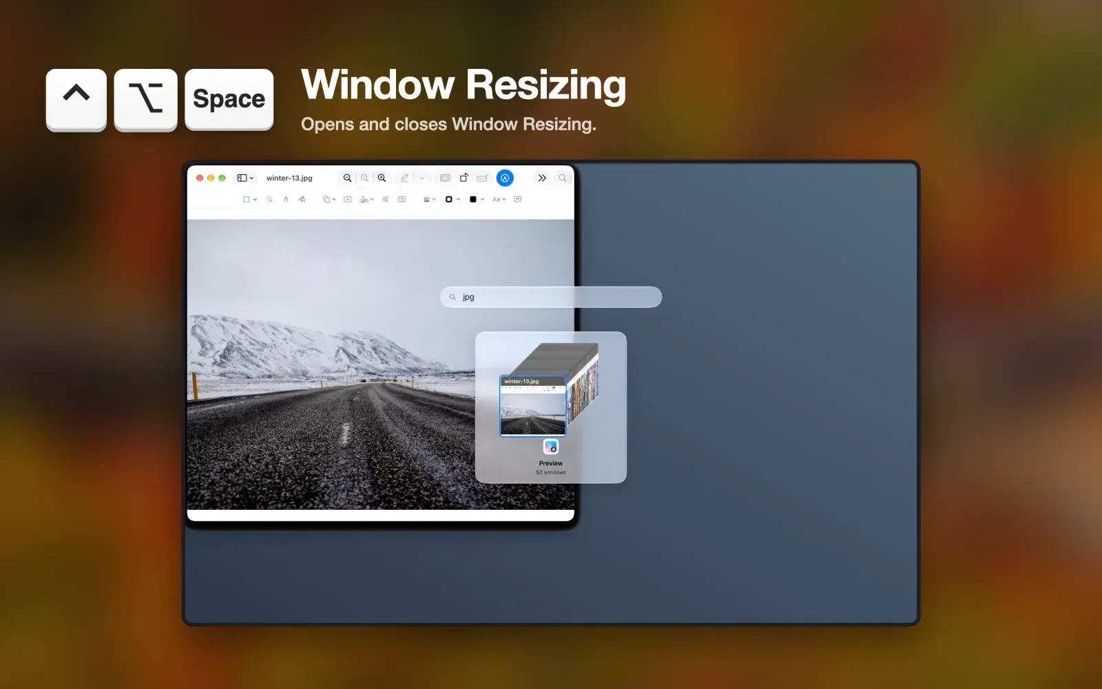 Window Resizing 화면. 검색창에 jpg 를 입력해 미리보기 앱의 창 52개가 한 묶음으로 남았습니다.