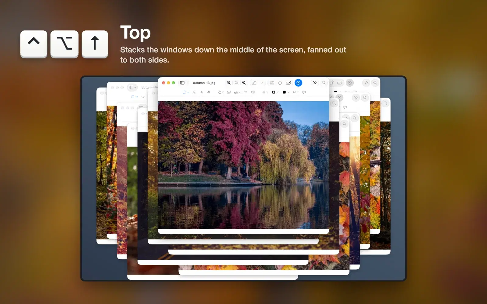 Thirteen autumn photo windows arranged with ⌃⌥↑. The selected window is at the top center, with the rest stacked and shifted alternately left and right.